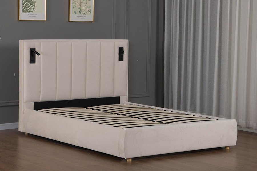 5033-1G hidraulikus tároló modern puha bézs bársony LED kárpitozott ágykeret