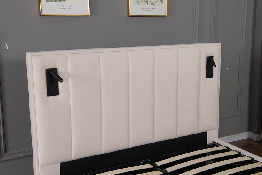 5033-1G hidraulikus tároló modern puha bézs bársony LED kárpitozott ágykeret