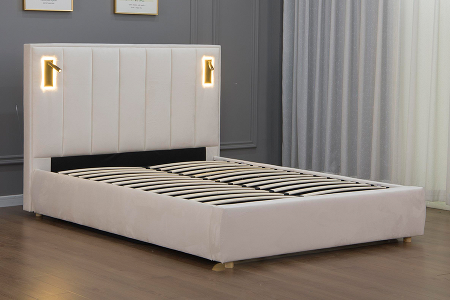 5033-1G hidraulikus tároló modern puha bézs bársony LED kárpitozott ágykeret