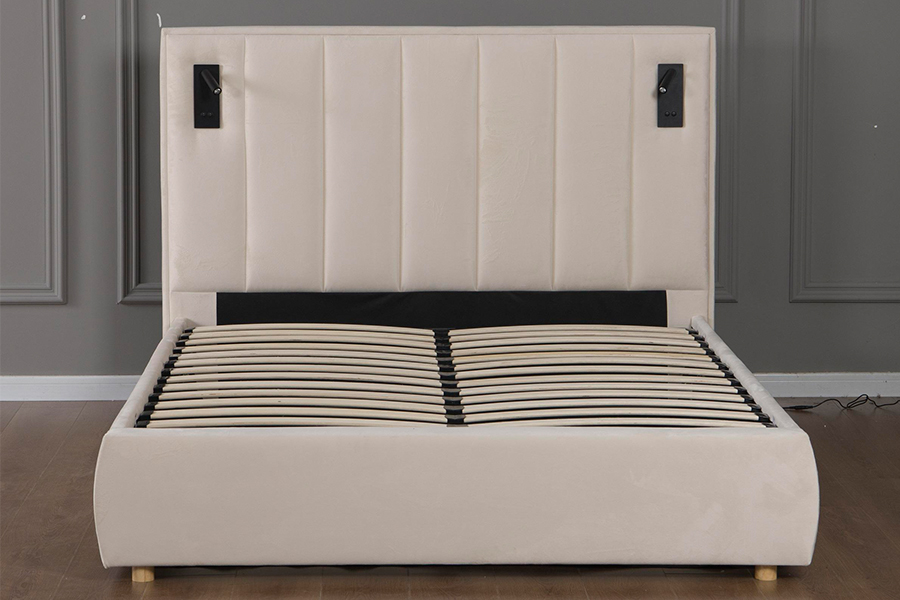 5033-1G hidraulikus tároló modern puha bézs bársony LED kárpitozott ágykeret