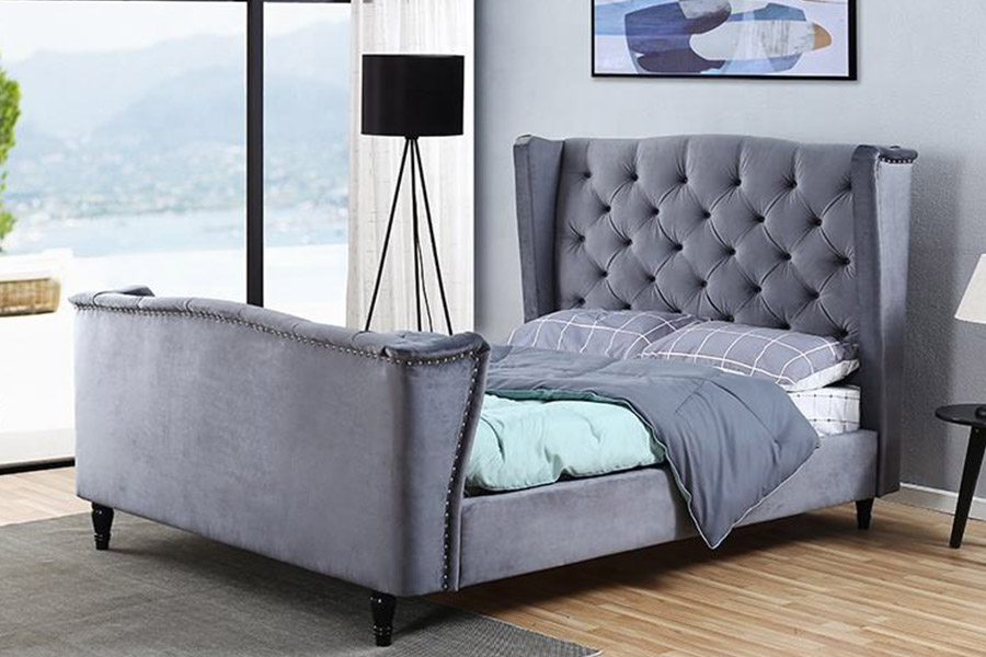 1399 Bársony szövet Wingback gombos kárpitozott ágy