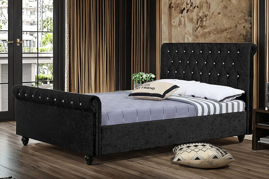1366 Modern Sleigh Bed Bársony szövet kárpitozott ágy