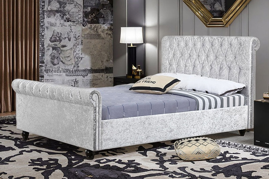 1366 Modern Sleigh Bed Bársony szövet kárpitozott ágy